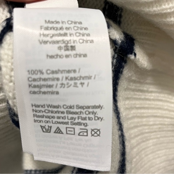 J Crew Midweight cashmere boatneck sweater in snow navy stripe Large NEW mended - Picture 10 of 12